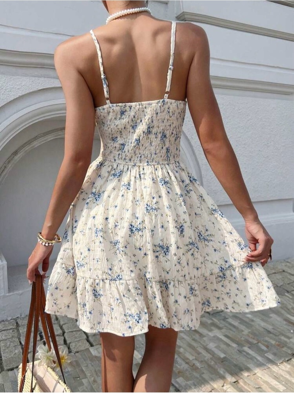 Sleeveless Floral Summer Dress in Cream and Blue, Sz. L - Picture 2 of 2